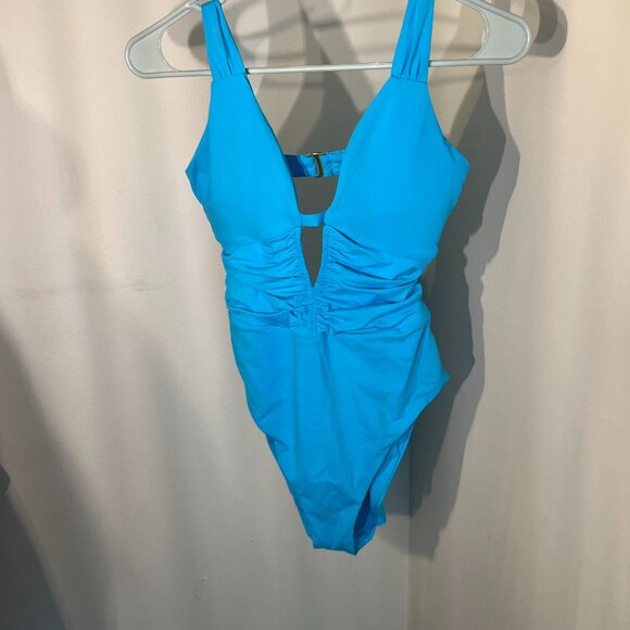 Becca By Rebecca Virtue One Piece Deep Plunge Swimsuit in Blue Size Large - Picture 1 of 4